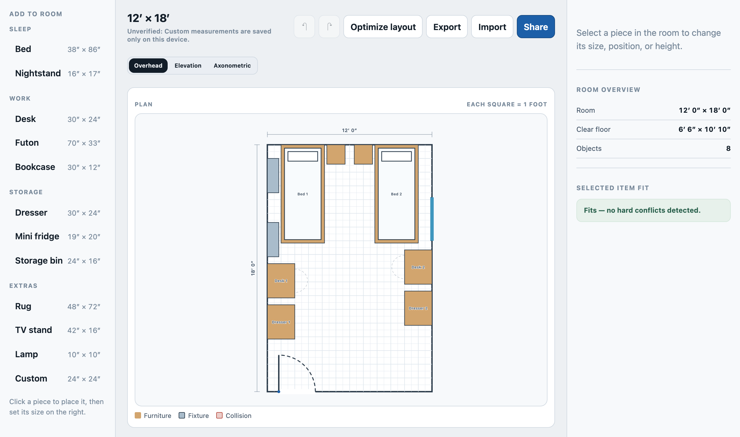 The DormDraft planner showing a furnished double room drawn to scale.